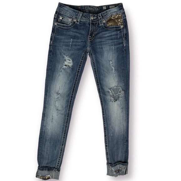 Miss Me Cuffed Skinny Flap Pocket Sequin Detail Distressed Jeans Sz 27 - Picture 1 of 12
